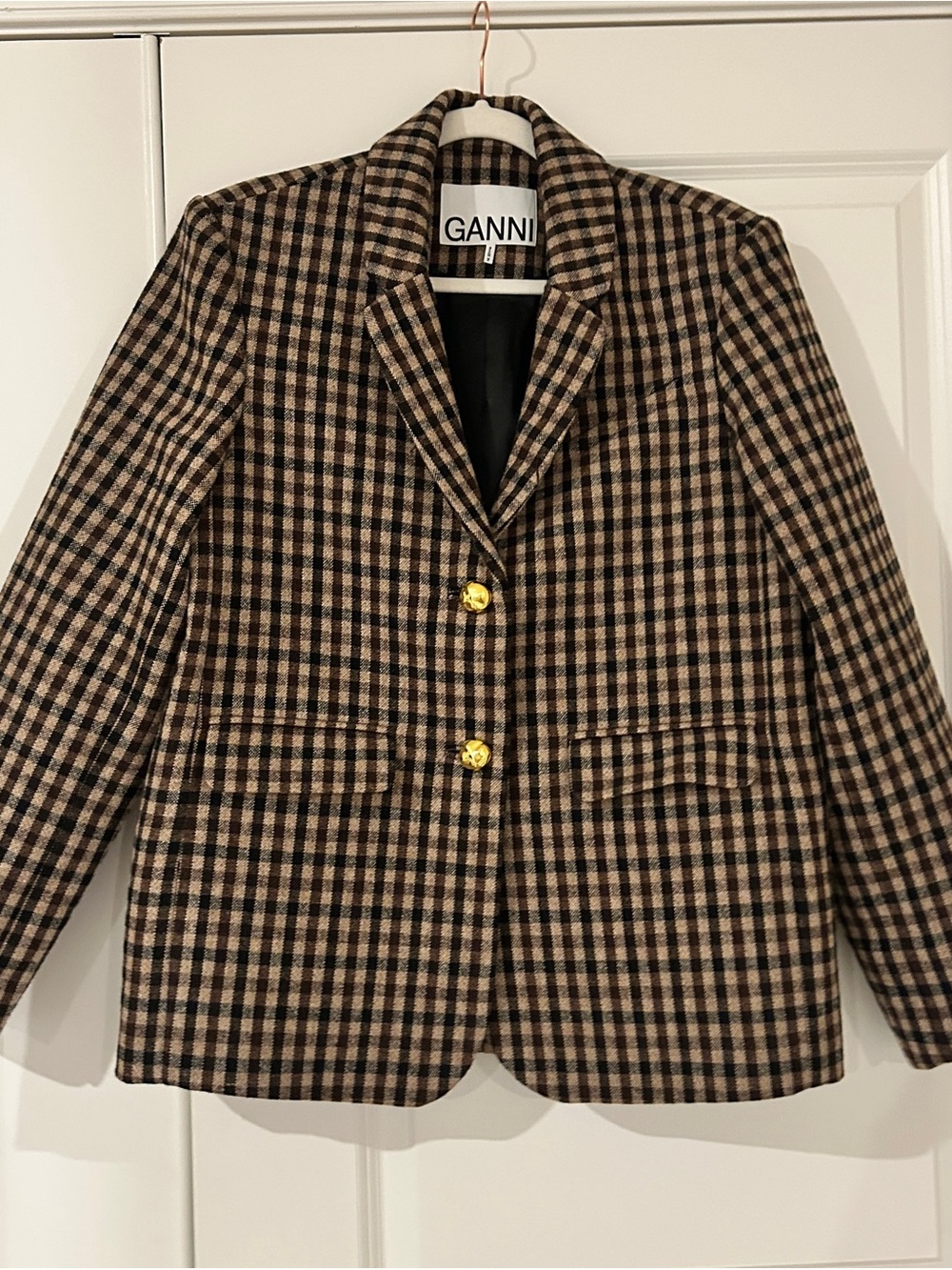 Ganni Black & Brown Checked Wool-Blend Blazer with Gold Buttons